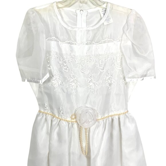Girls White Organdy Formal Dress 8 Pearl Trim Rosette Detail Wedding Communion - Picture 3 of 12